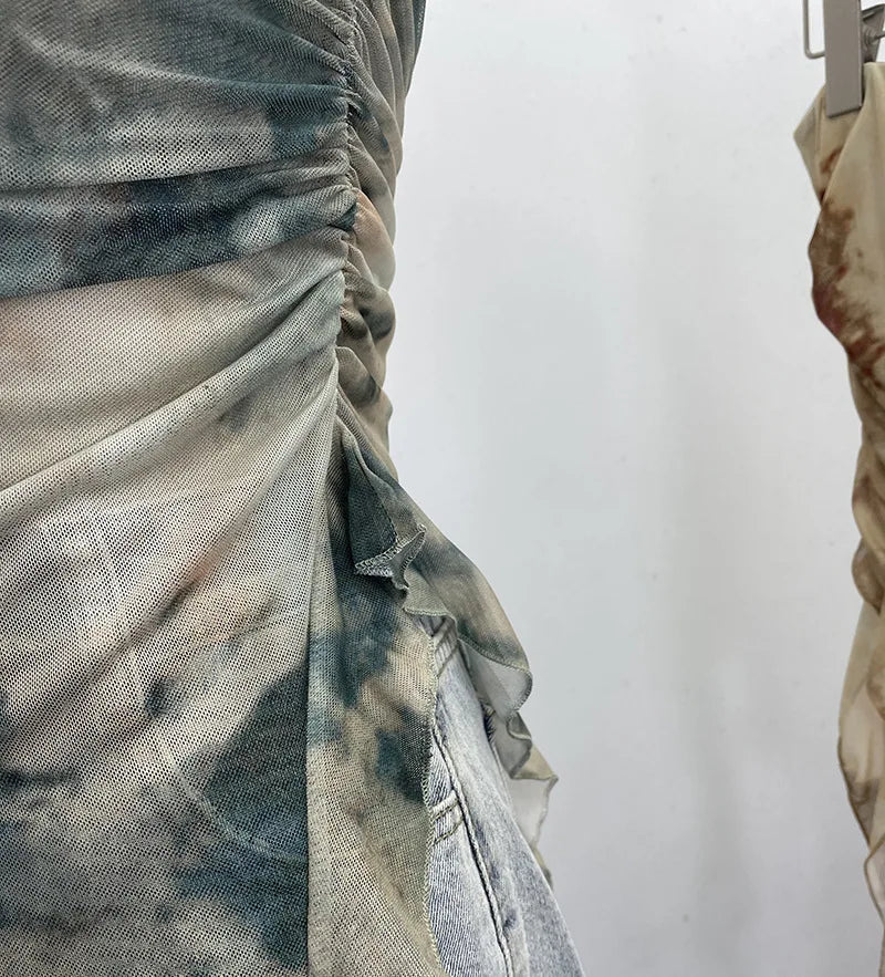 Tie Dye Summer Tops for Women Y2K Strapless Sleeveless Asymmetrical Ruffle Fishtail Ruched Stretch Mesh Vintage Clothes