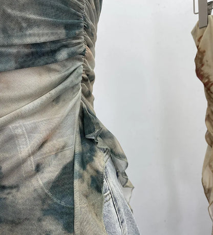Tie Dye Summer Tops for Women Y2K Strapless Sleeveless Asymmetrical Ruffle Fishtail Ruched Stretch Mesh Vintage Clothes