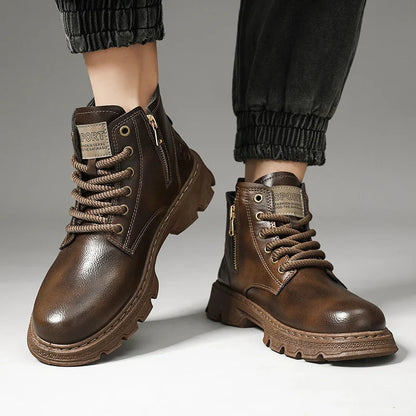 New MEN'S BOOTS with Retro Style Leather Boots, Thick Soles, Wear-resistant MEN'S High Top Casual Shoes, Side Zippers