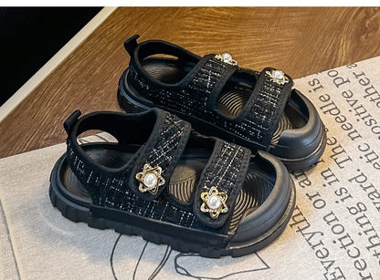 2025 Nice Straw Children Sandals New Arrivals Girls Appliques Metal Decos Sandals for Kids Girl Anti-kick Toe Beach Shoes I03242
