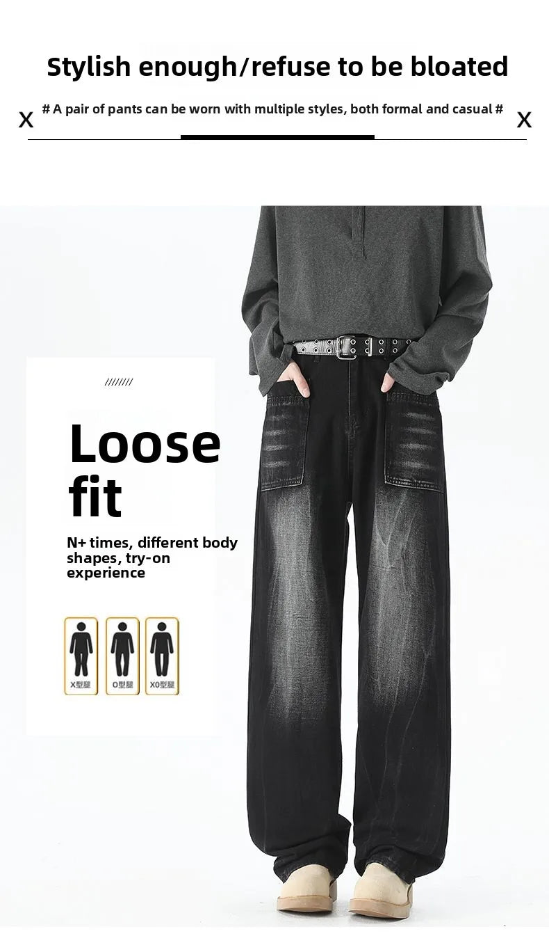 Men's Baggy Soft Casual Pants Gray Autumn Fashion Versatile Comfortable Stretch Straight  Leg Jeans Male High Street Retro Jeans