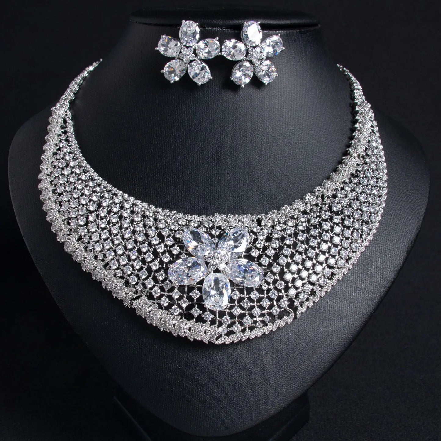 Cubic Zirconia Inlaid Hollow Leaf Flower Pendant Earrings and Necklace Jewelry Set