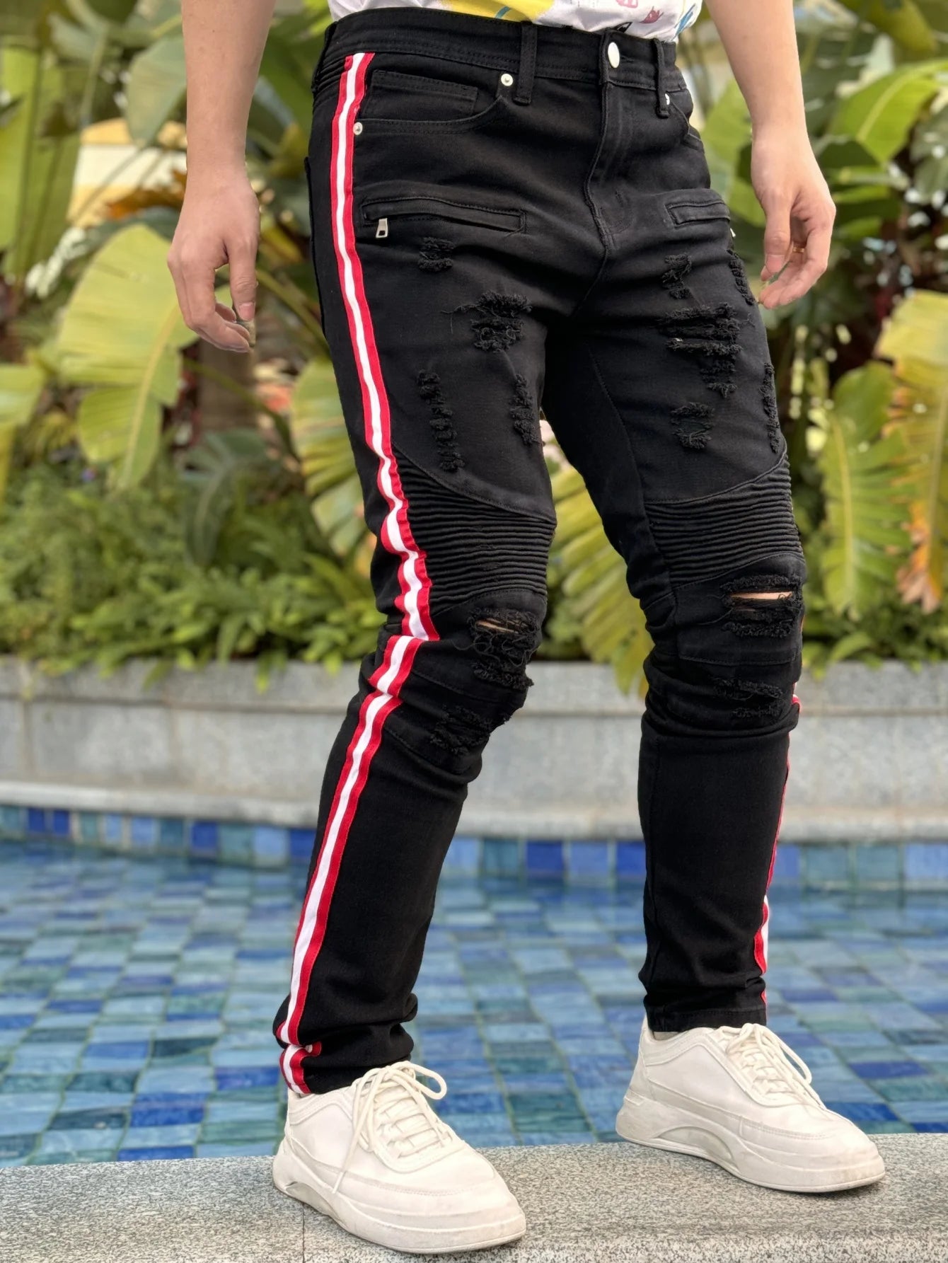 Y2K Men's Denim Hole-out Pants Patchwork Collection - Fashionable Trendy Street Hip-Hop Style Regular Fit Black Cotton Blend