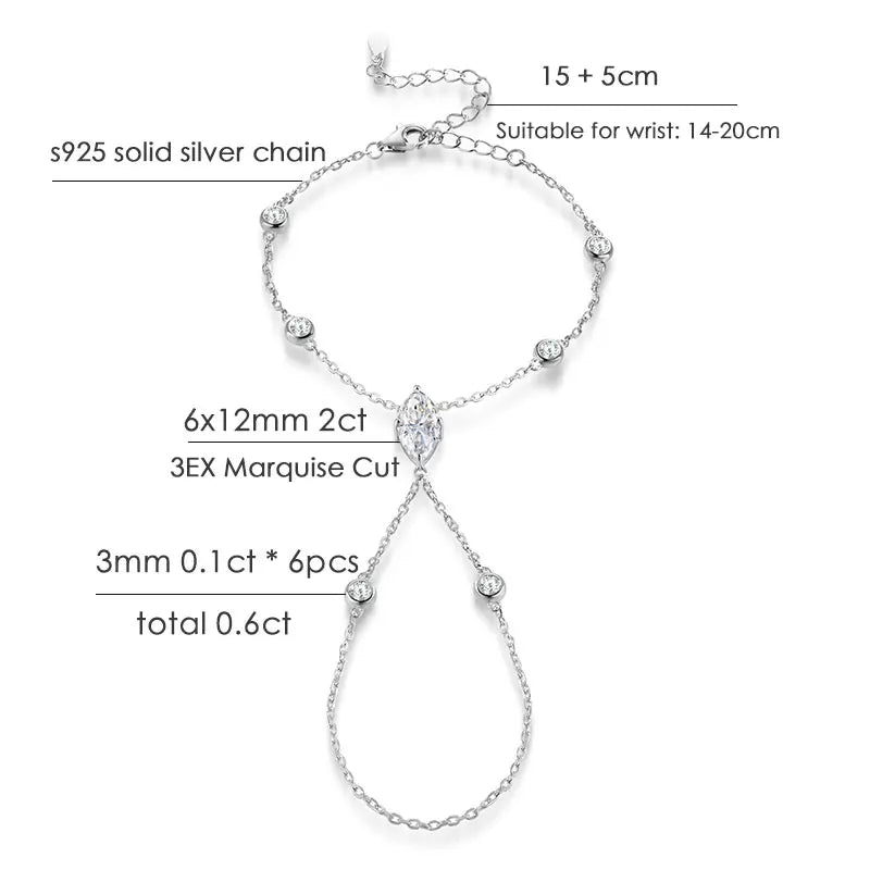 D VVS1 Moissanite Finger Bracelets for Women Bohemia Rhombus Marquise Cut Bracelet Hand Jewelry s925 Silver Thin Chain