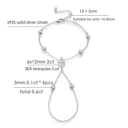 D VVS1 Moissanite Finger Bracelets for Women Bohemia Rhombus Marquise Cut Bracelet Hand Jewelry s925 Silver Thin Chain