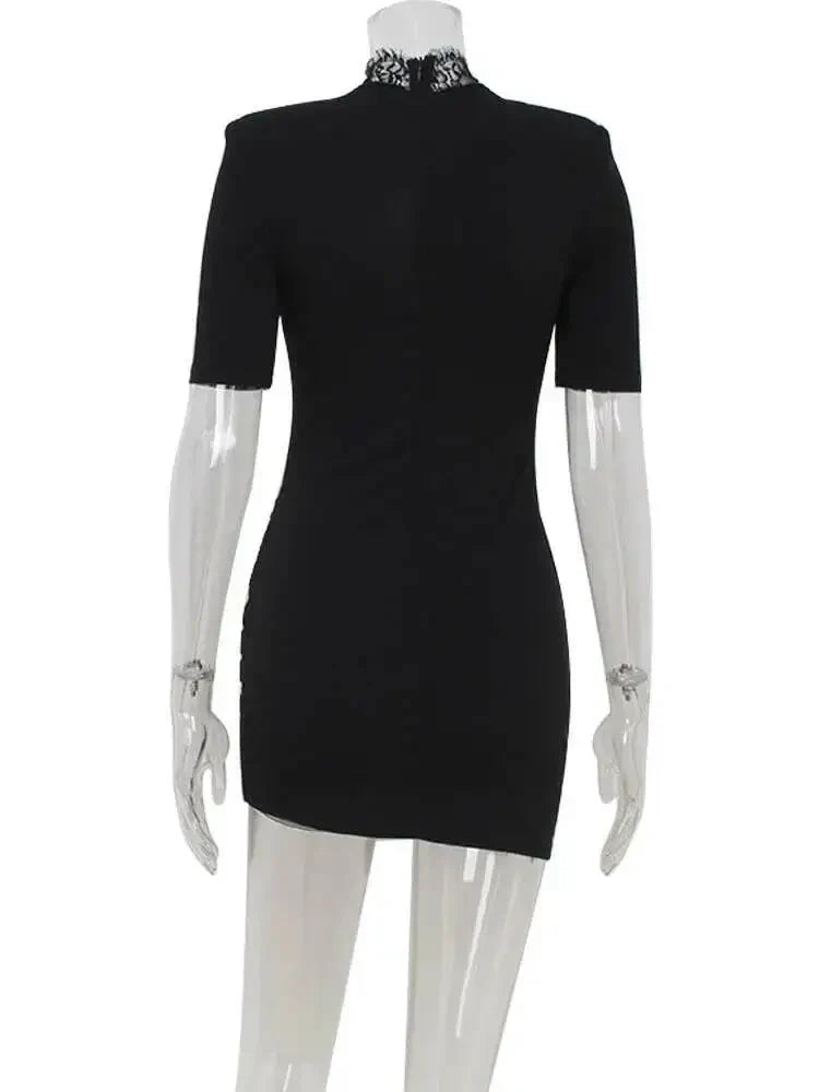 Sexy Sheath Women's Mini Dresses Solid Lace Turtleneck Slim Fit Bodycon Hollow Out Half Sleeves Streetwear Vestidos Robe GX98