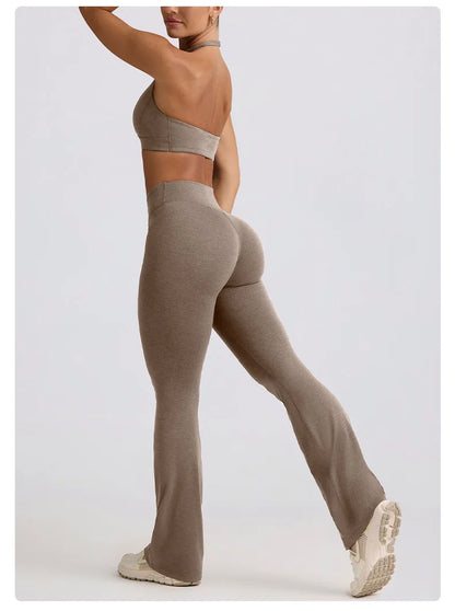 Women's Yoga Suits Camisole Backless Nude Beautiful Back Neck Hanging Bra Flared Pants Fitness Set