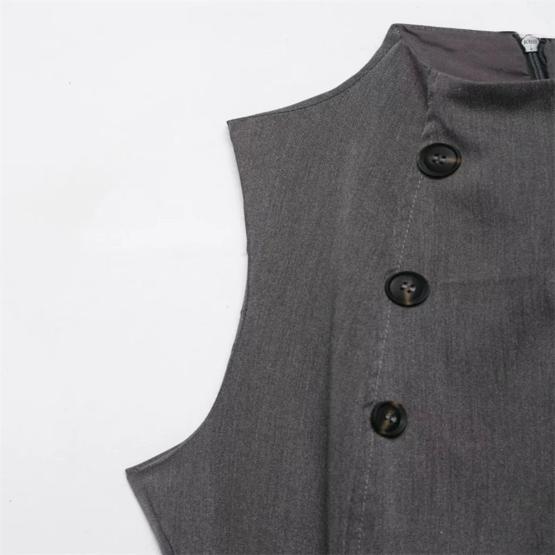 Women's two-tone double-breasted high-neck sleeveless top, waist-cinching slim-fit high-street casual women's vest, 2026 new