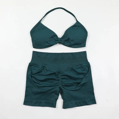 Scrunch Seamless Yoga Set Women Sportswear Ribbed Gym Shorts Strappy Sports Bra 2 Piece Set Halter Workout Clothes Fitness Suit