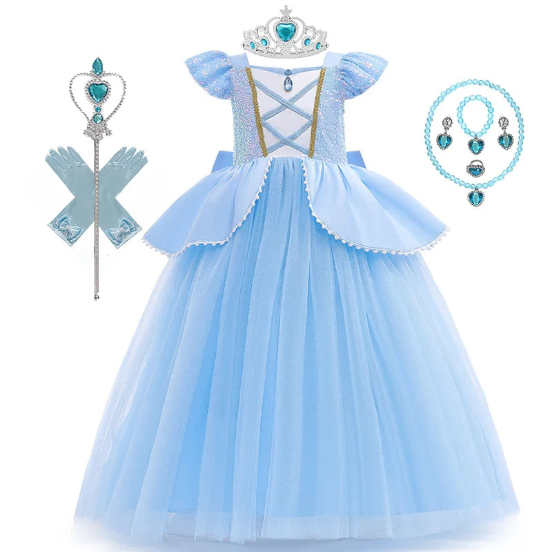 2-10Y Cinderelle Dress Princess Cosplay Costume for Girls Fancy Dress Up 2025 Kids Christma Birthday Party Outfit with Gloves