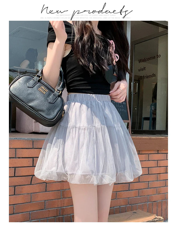 Women Summer 2026 A-Line Mini Skirt Pleated Puffy Short Skirt Korean Fashion Style Flower Bud Skirt Sweet Streetwear Y2k