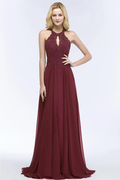 Hot Sale New Elegant Bridesmaid Dress Halter Neck Fishtail with Beaded Motif Layers Over the Bodice Chiffon A Line Women Gown