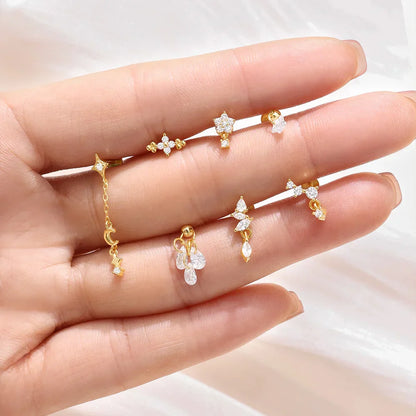 1PC Four Pointed Star Moon Tassel Lotus Cartilage Spiral Puncture 925 Sterling Silver Stud Earring For Women Ins Earring