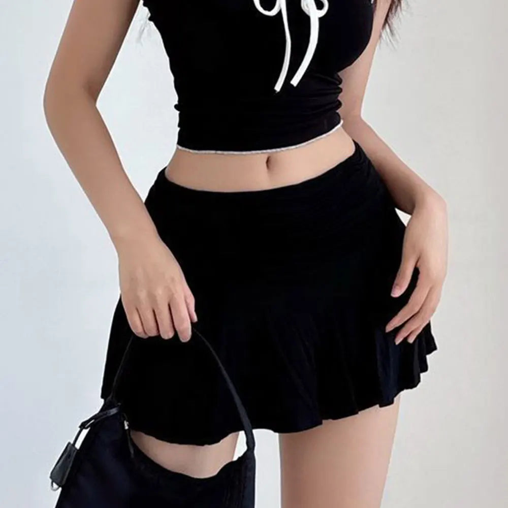 Sweet Pleated Super Mini Skirt Fashion Versatile Black Low-Waisted Skirts Tennis Dance Fitness Short Skirts Women Summer Skirts