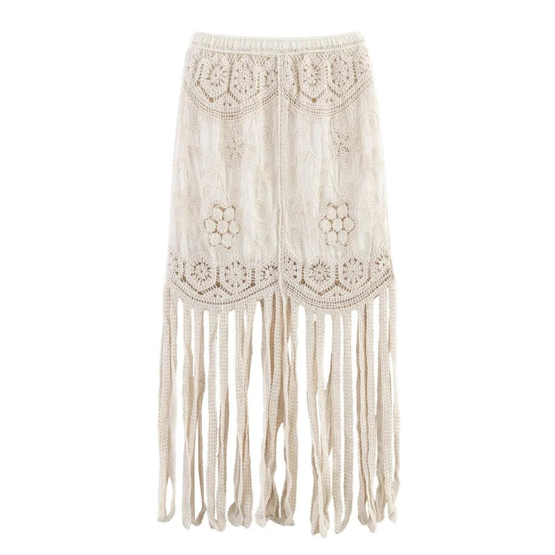 Women's Summer Knitted Boho Fringe Midi Skirt, Lightweight and Breathable, Perfect for Beach Play and Vacation