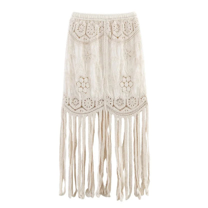 Women's Summer Knitted Boho Fringe Midi Skirt, Lightweight and Breathable, Perfect for Beach Play and Vacation