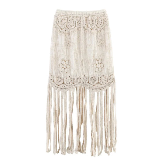 Women's Summer Knitted Boho Fringe Midi Skirt, Lightweight and Breathable, Perfect for Beach Play and Vacation