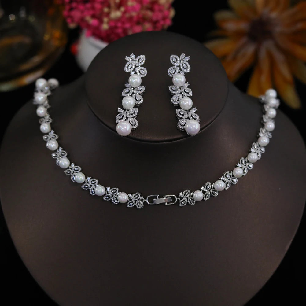 Elegant Shiny Cubic Zirconia Big Pearl Necklace Bridesmaid Gift Luxury Bridal Wedding Banquet Jewelry Set for Women Accessories