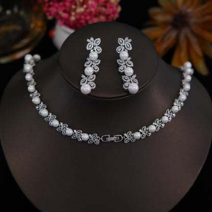Elegant Shiny Cubic Zirconia Big Pearl Necklace Bridesmaid Gift Luxury Bridal Wedding Banquet Jewelry Set for Women Accessories