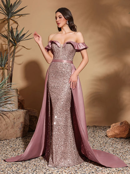 Sequined off-the-shoulder pleated collar satin floor-length dress