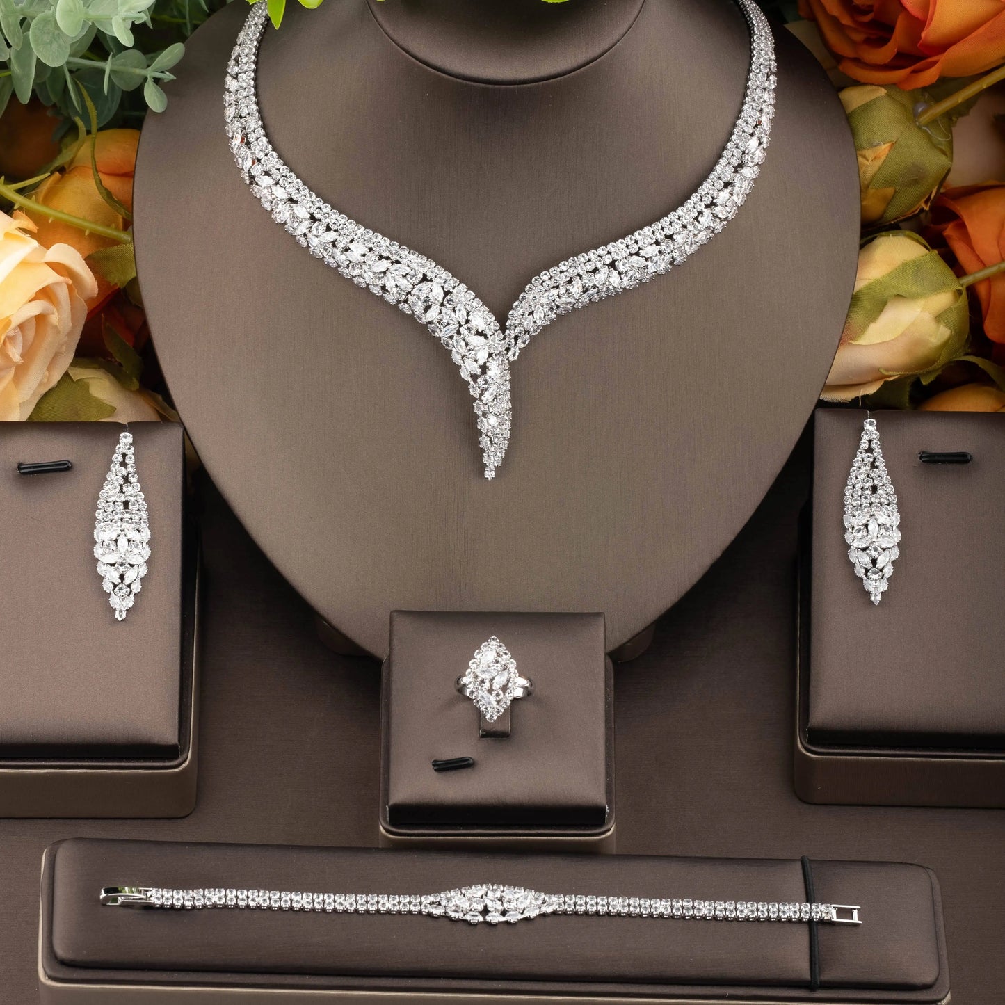 Leaf Water Drop 4pcs Necklace Pendant Set for Women Cubic Zirconia Dubia Nigeria Bridal Wedding Jewelry Set Bijoux S-351
