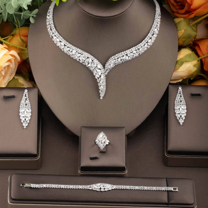 Leaf Water Drop 4pcs Necklace Pendant Set for Women Cubic Zirconia Dubia Nigeria Bridal Wedding Jewelry Set Bijoux S-351