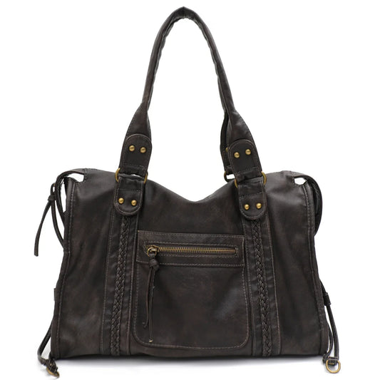 Vintage Washed PU Leather Large Capacity Tote Zip Pockets Braid Decor Shoulder Cross body Bag Unisex Women Daily Travel Handbag