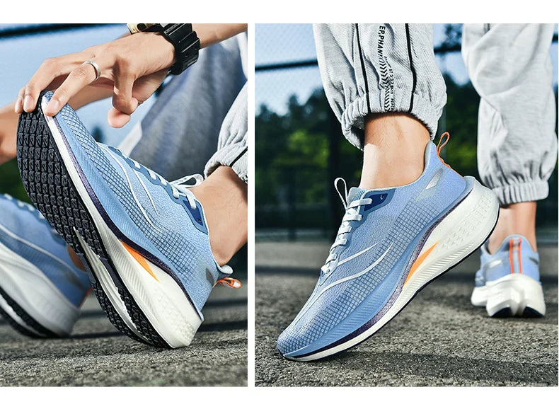 Sapatos de corrida esportivos casuais masculinos e femininos de moda com superfície de malha respirável, suporte de placa de carbono e sola de borracha resistente ao desgaste