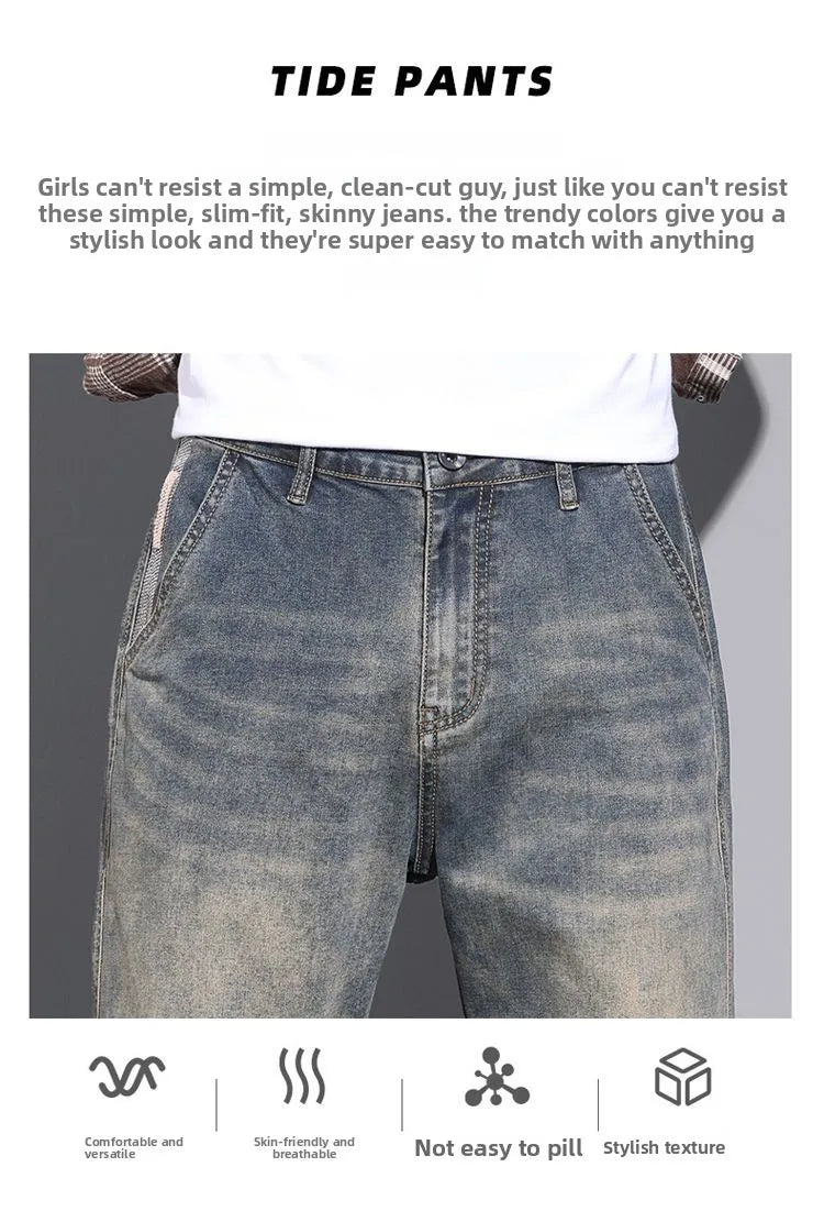 Retro American Style Men's Jeans Loose Fit Heavy Casual Slim Leg Cotton Pants Elastic Waist Korean Denim Jeans for Spring Autumn