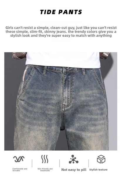 Retro American Style Men's Jeans Loose Fit Heavy Casual Slim Leg Cotton Pants Elastic Waist Korean Denim Jeans for Spring Autumn