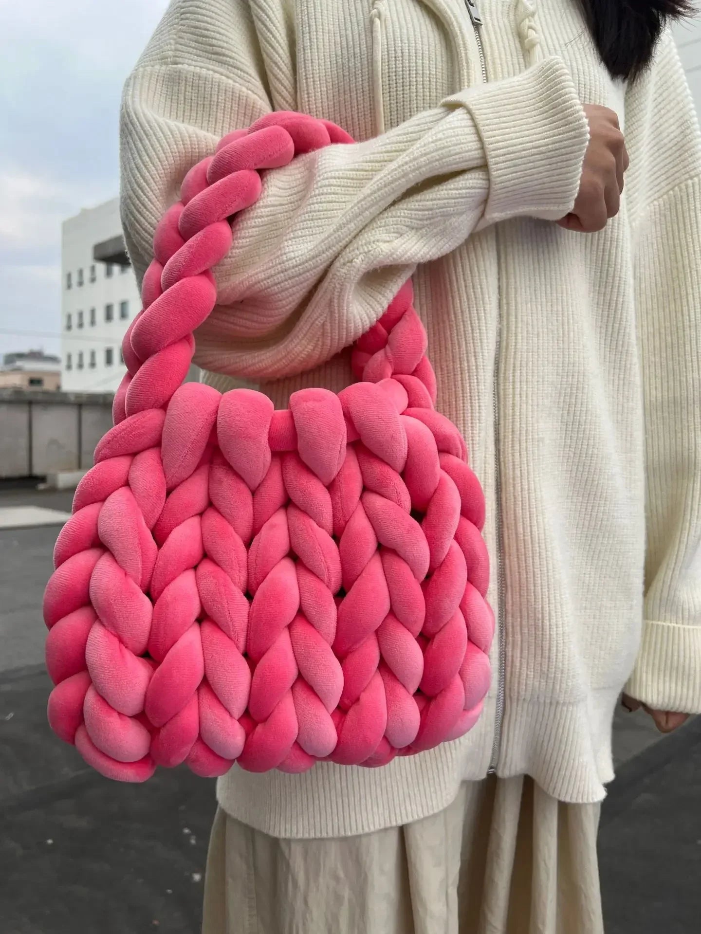 Velvet Bag DIY Hand Woven Bag Crystal Velvet Core Spun Yarn Woven Bag Hand-held Mailman Bag Velvet Handbag New