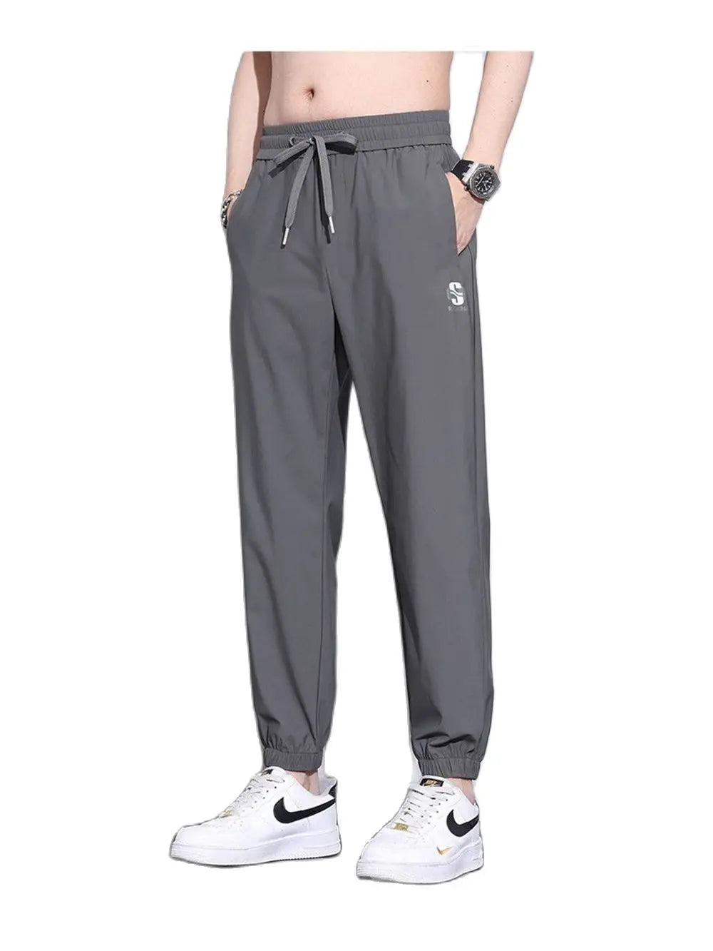 New Ice Silk Pants Men's Fashion Brand Loose Leg Tie Sports Quick Drie 2023 Summer Thin Breathable Cropped Casual Pants