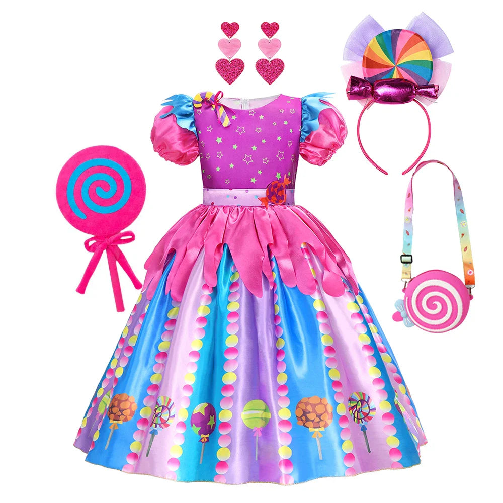 Rainbow Lollipop Girls Dress Sweet Purim Festival Celebrate Costume Fancy Carnival Children Vestidos Princess Cosplay Outfits