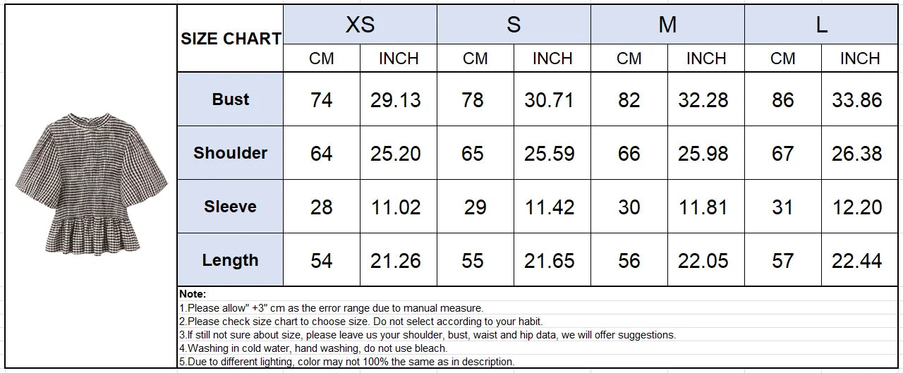 Spring Summer O-Neck Short Puff Sleeve Small Plaid Tops Women Back Button Decoration Tops Female Casual Wear 2026 New
