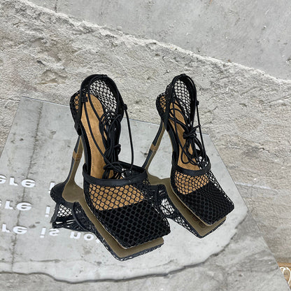 2025 Summer Sexy Mesh Pumps Sandals Female Square Toe High Heel Lace Up Cross-Tied Stiletto Hollow Dress Party Shoes