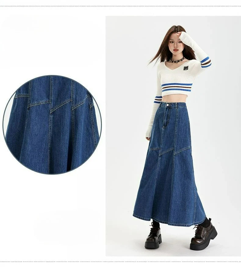 Women Blue A-line Denim Skirt Vintage Aesthetic Y2k Patchwork New Jean Skirt Harajuku Korean Cowboy Skirts 2000s Clothes Summer