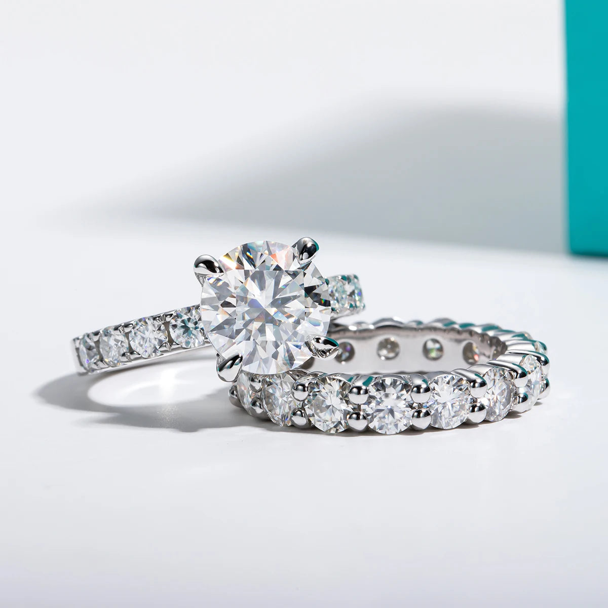 3.5ct Main Stone D Color Moissanite Diamond Engagement Eternity Band 925 Sterling Silver Rings Set For Women