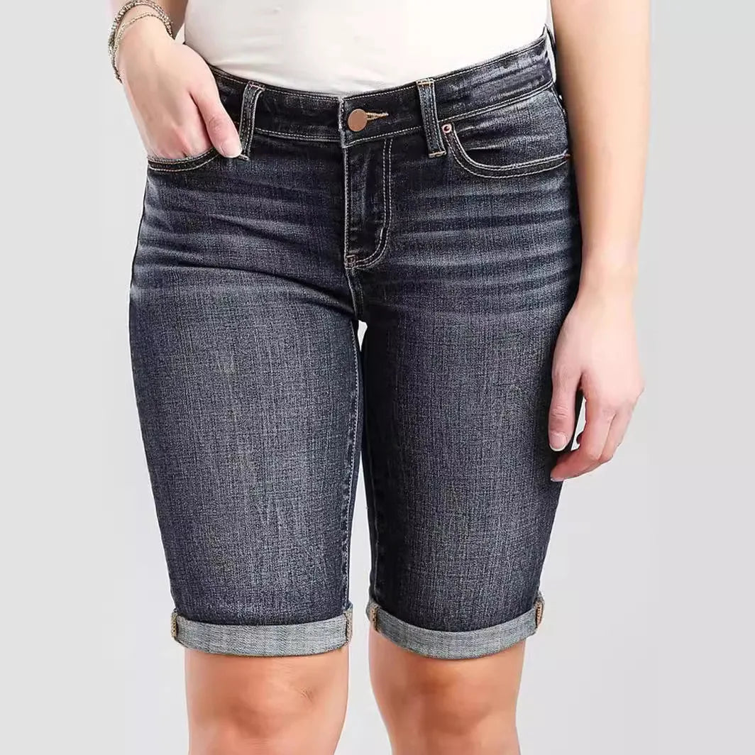 Jeans Curto Feminino Confortável de Cintura Média e Slim