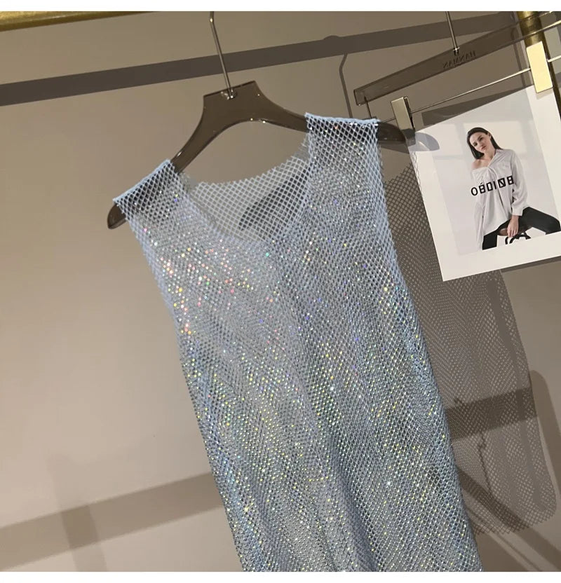 Women&Men Crystal  Rhinestones Shiny Sexy Y2K Tank Tops High Quality Party Club Sexy See Through Mesh Hollow Out Diamond shirt