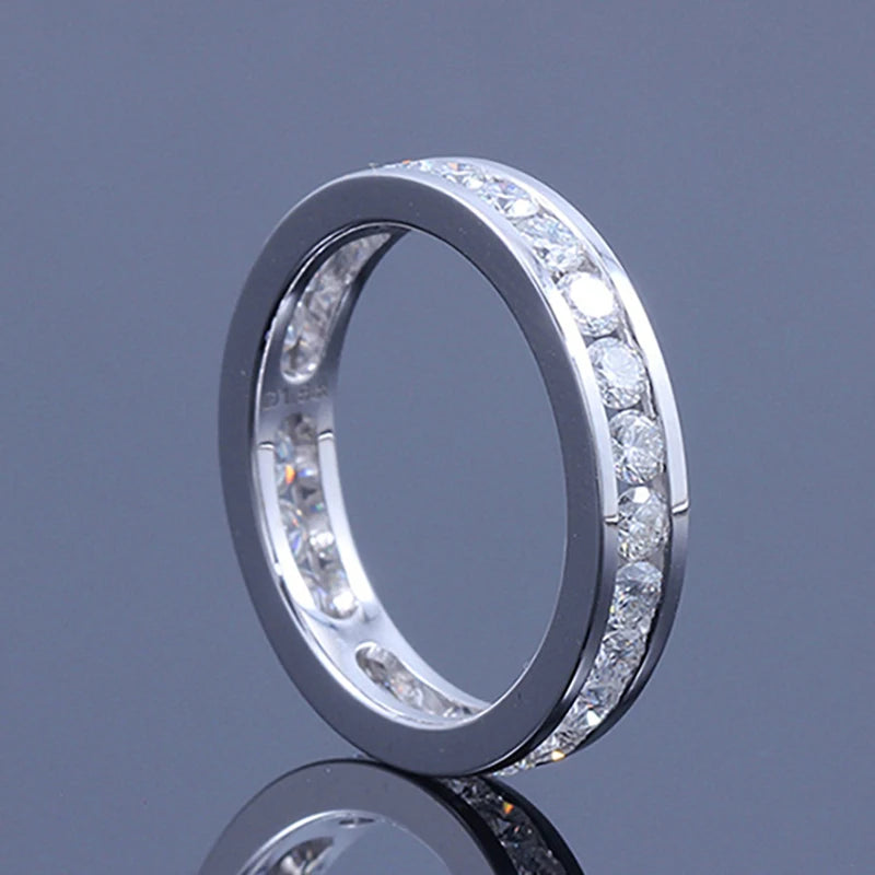 S925 Silver Groove Inlaid D VVS1 Round Moissanite Ring for Women Fashion Wedding Ring Eternity Band with Certificate