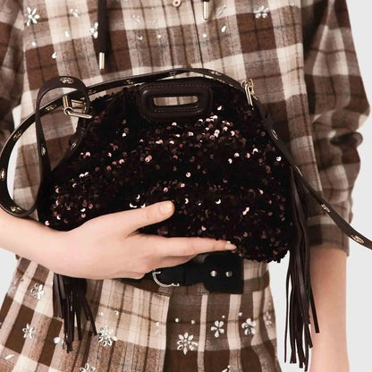 Glitter Sequined Handbag for Women, Luxury Designer Shoulder Bag with Tassel, Fashion Crossbody Bucket Bag for Ladies Elegant