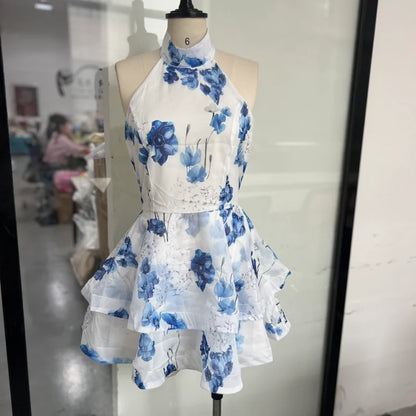 Chic Floral Printed Mini Dress Backless Sleeveless Hem Stacking Dresses Sweet A Line Vestidos 2025 New Lady Party Club Clothing