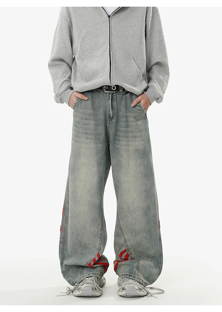 American retro baggy wide leg jeans for men and women  loose casual striped washed long pants