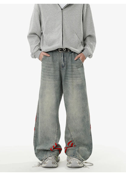 American retro baggy wide leg jeans for men and women  loose casual striped washed long pants