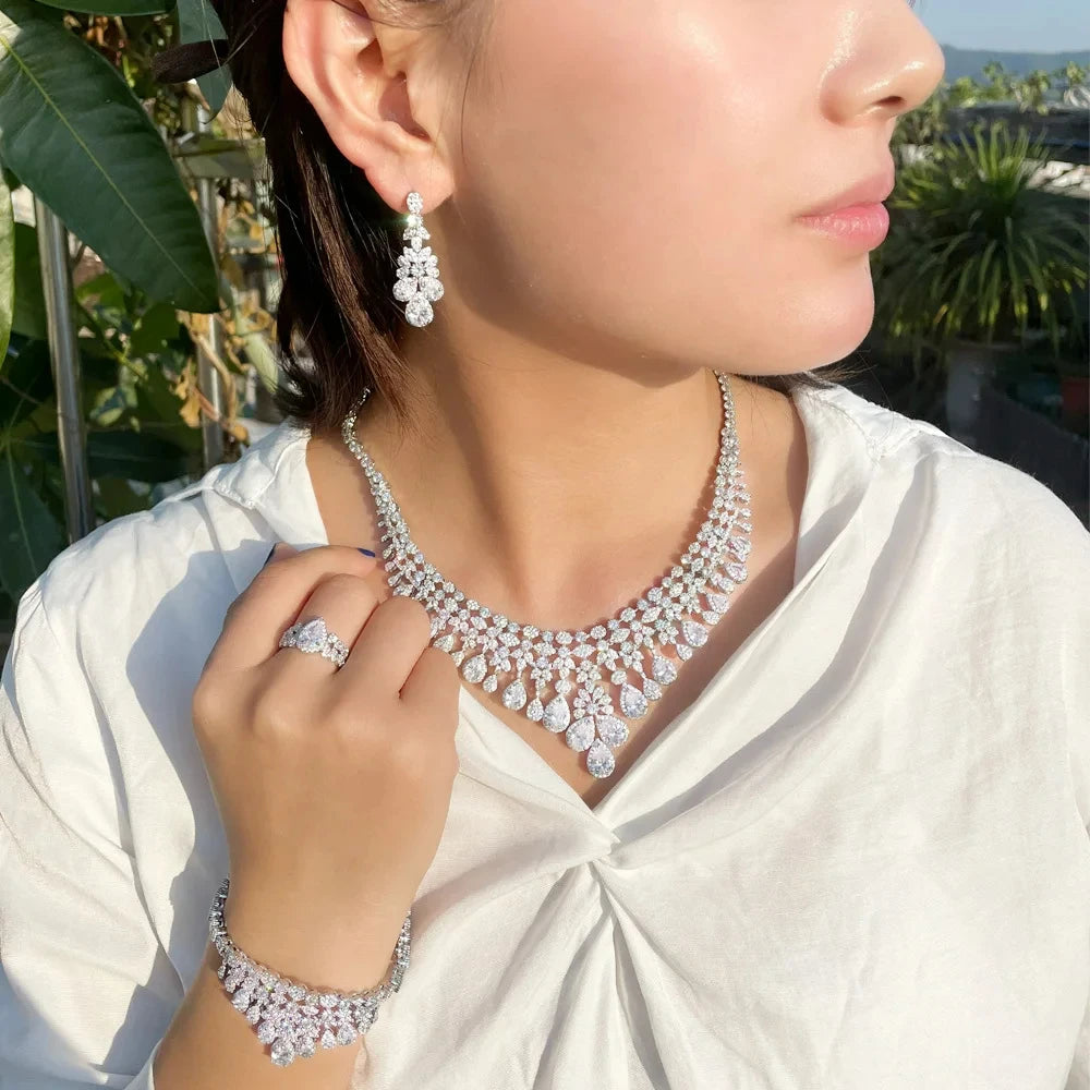 2026 Zircon Super Deluxe Tassel Water Drop Big Wedding Bridal Necklace Earrings 4 Pieces Nigerian Dubai Women's Jewelry Set