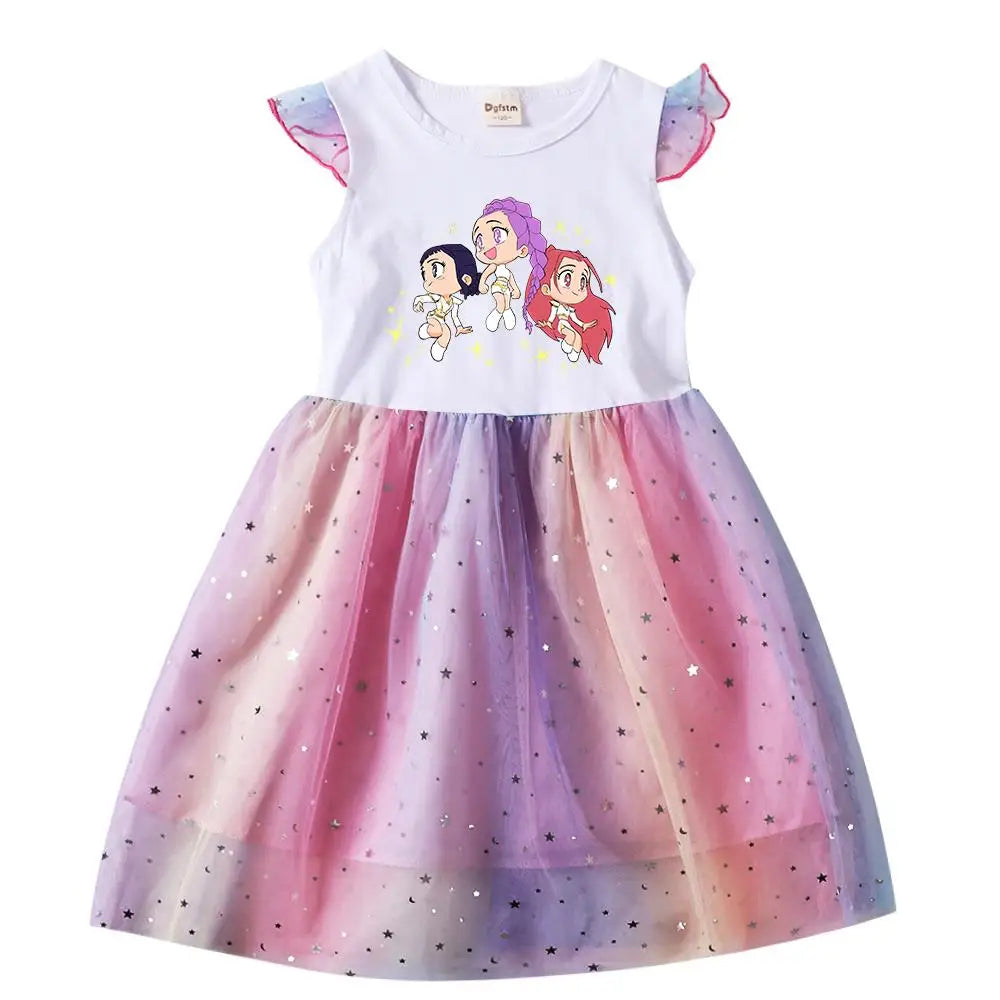 Baby Girls Dress Children Cartoon Mesh Star Sequins Princess Dress Kids Flying Sleeve Skirt For Birthday Gift