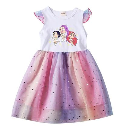 Baby Girls Dress Children Cartoon Mesh Star Sequins Princess Dress Kids Flying Sleeve Skirt For Birthday Gift