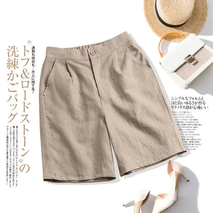 Khaki Solid Casual Linen Cotton Elastic High Waist Wide Leg Button Loose Women's Shorts Korean Fashion Summer Shorts Women 2024