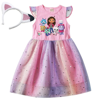 Kids Gabby's Dollhouse Cats Princess Dress Summer Casual Girls Rainbow Mesh Dress Children Carnival Wedding Birthday Party Dress