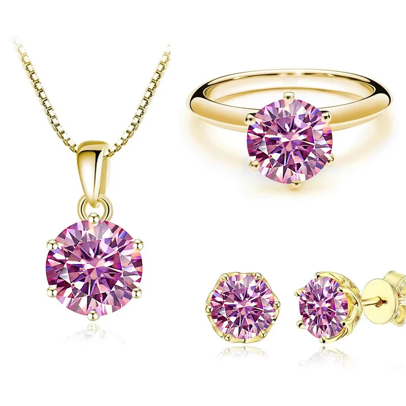 1Carat Moissanite Jewelry Set For Women Sterling S925 Silver Gold Plated Necklace Earrings Ring GRA Certified Wedding